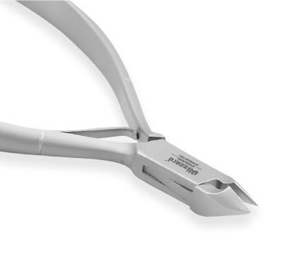 Stainless steel orthodontic cutter plier with angled sharp blades on white background.