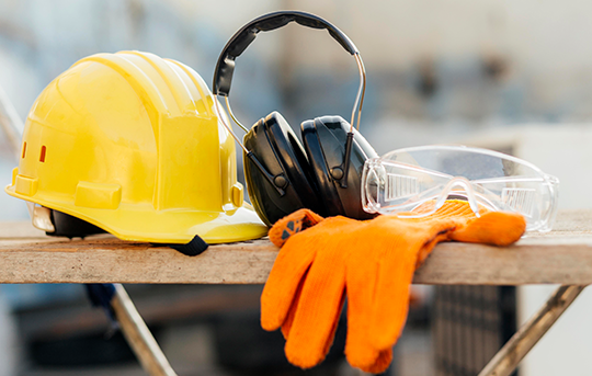 Safety gear including yellow hard hat, ear protection, safety glasses, and orange gloves.