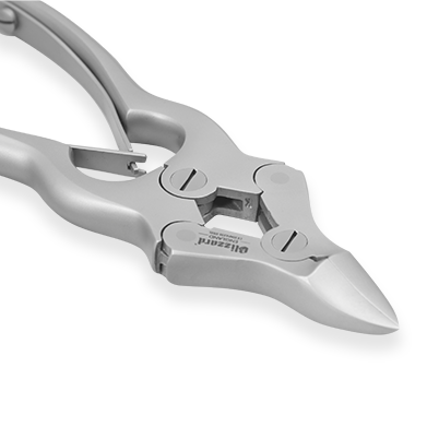 Stainless steel orthodontic plier with angled cutting blades on white background.