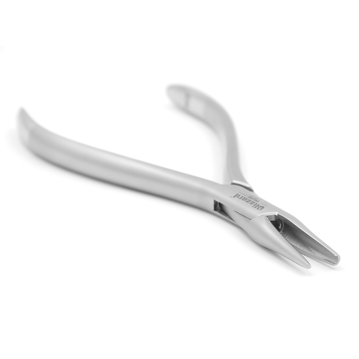 Stainless steel dental forceps with curved handles and narrow pointed beaks on a white background.