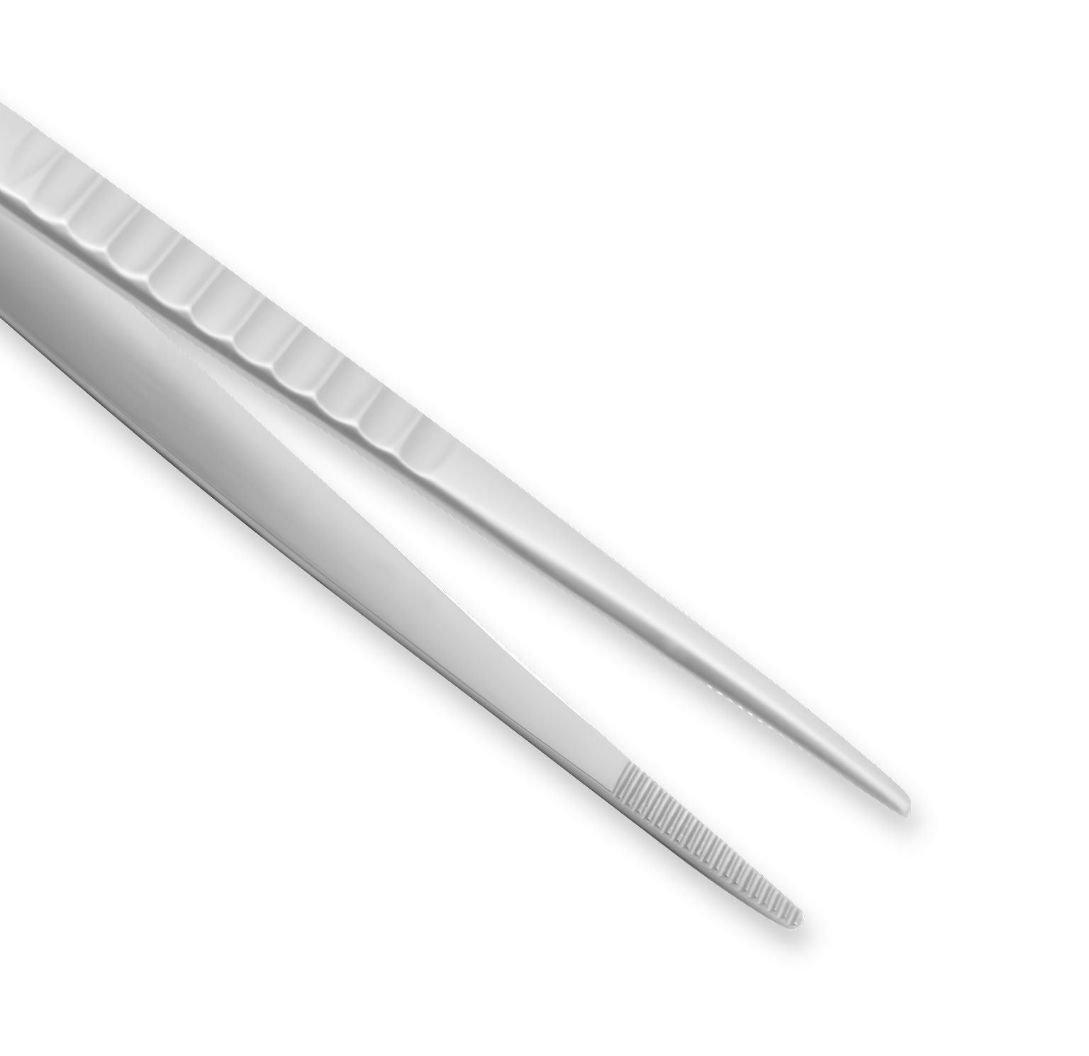 Stainless steel surgical tweezers with a ridged grip and fine serrated tips, shown on a white background.