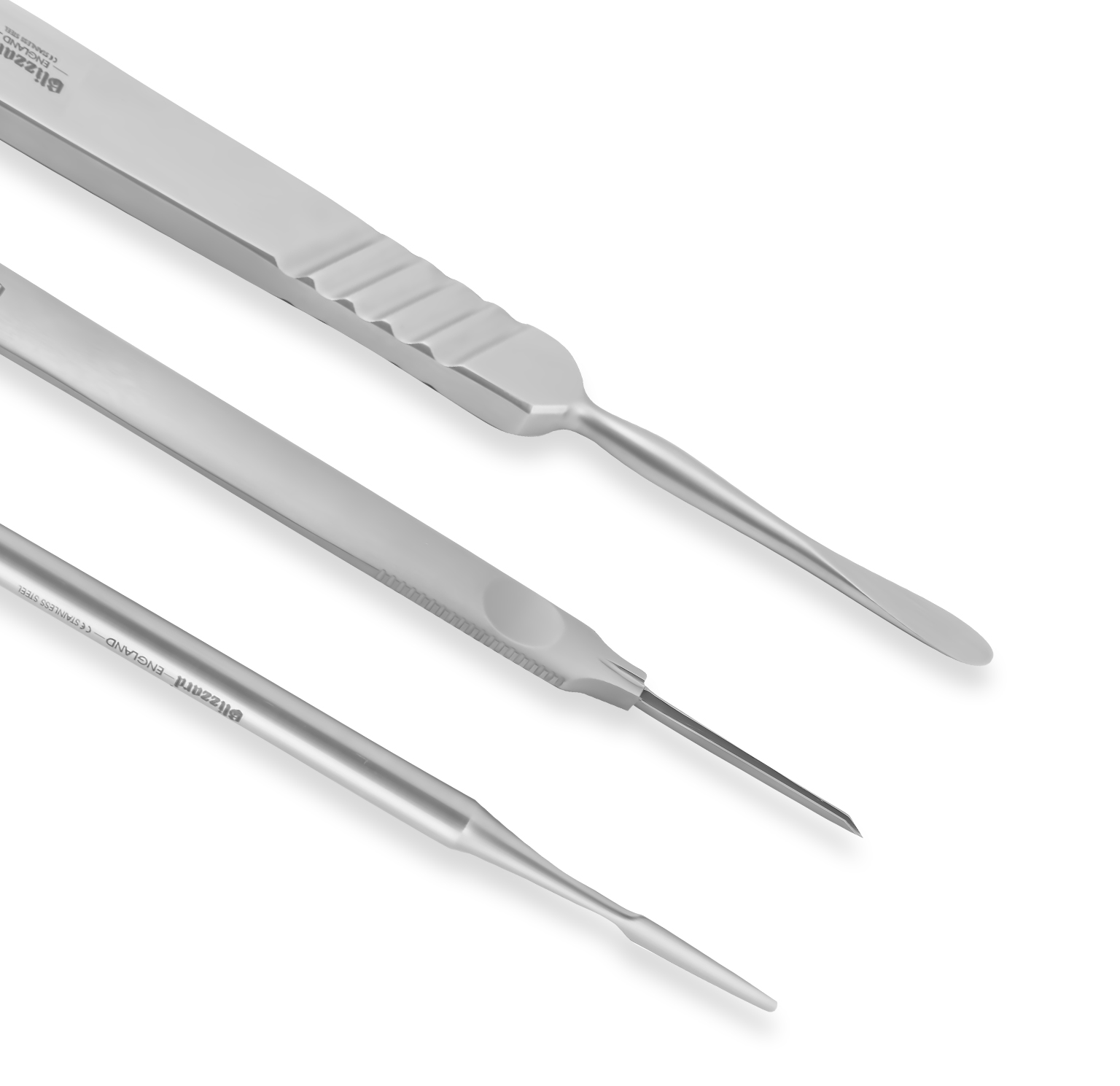 Double-ended stainless steel dental tool with curved tips placed on a white background