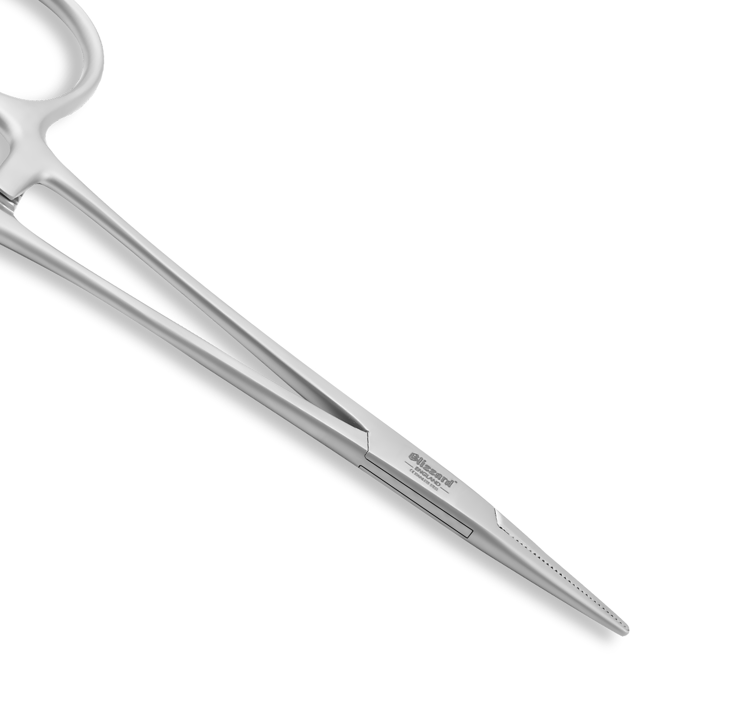 Stainless steel hemostat forceps with long straight jaws and round finger rings on a white background.
