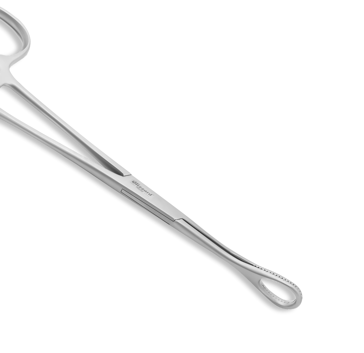 Stainless steel surgical forceps with long curved jaws and round finger rings on a white background.