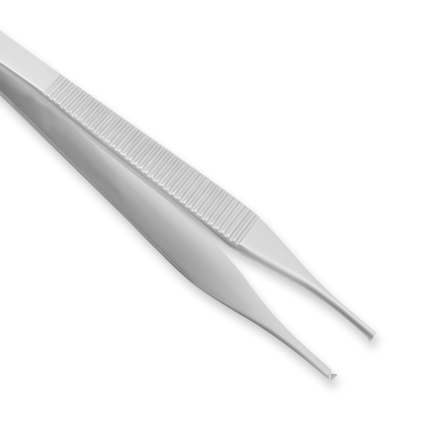 Stainless steel surgical tweezers with flat serrated tips and a textured grip, shown on a white background.