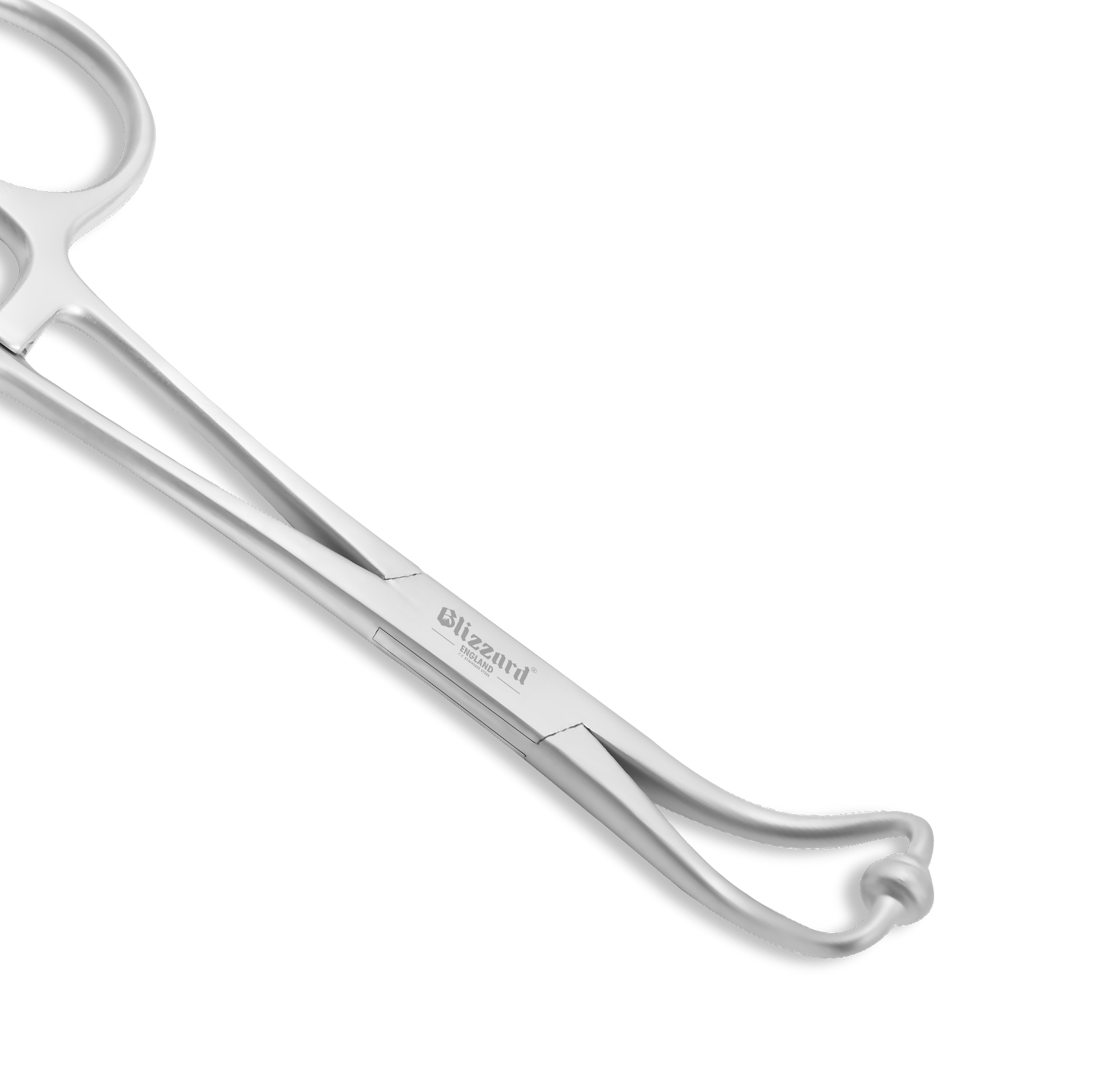 Stainless steel surgical forceps with looped end and round finger rings on a white background.