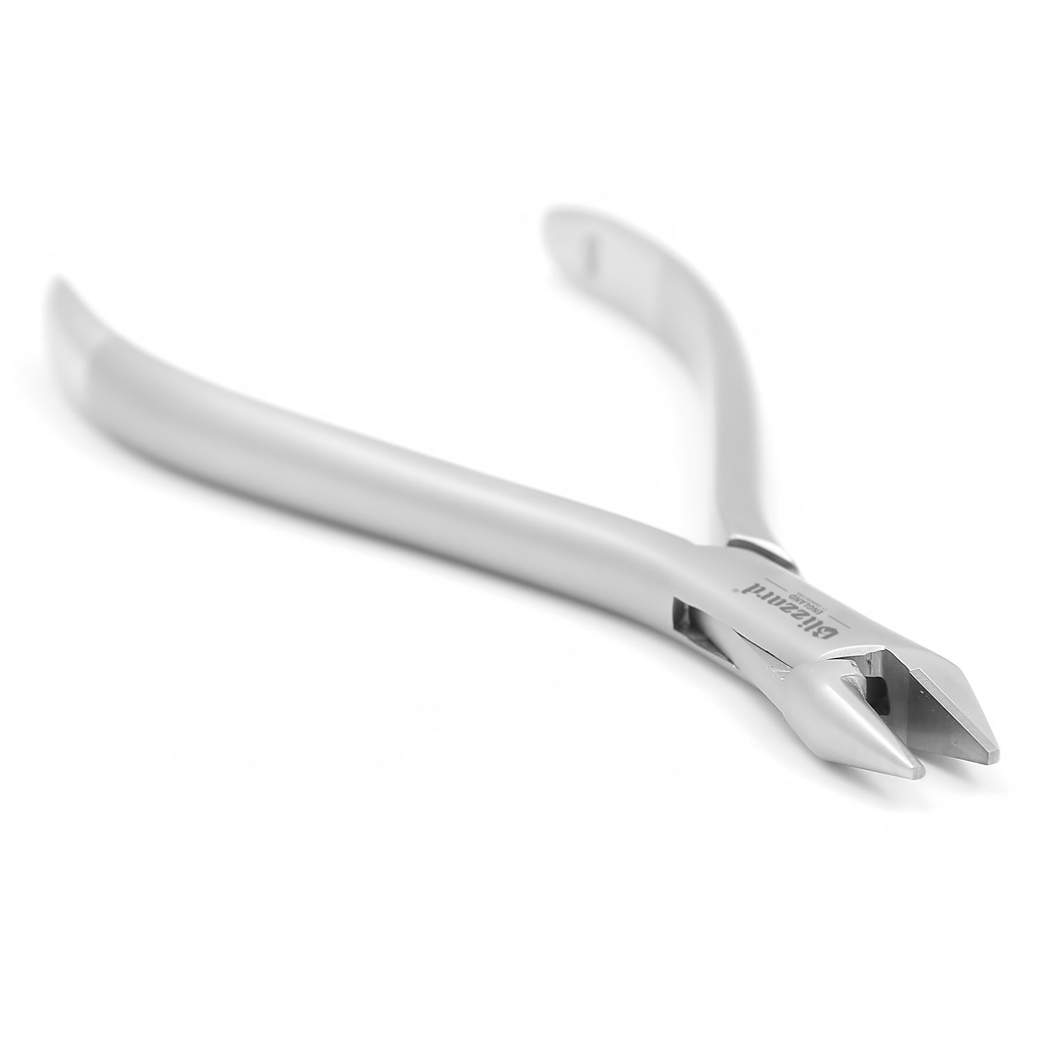 Stainless steel dental forceps with curved handles and pointed beak tips on a white background.