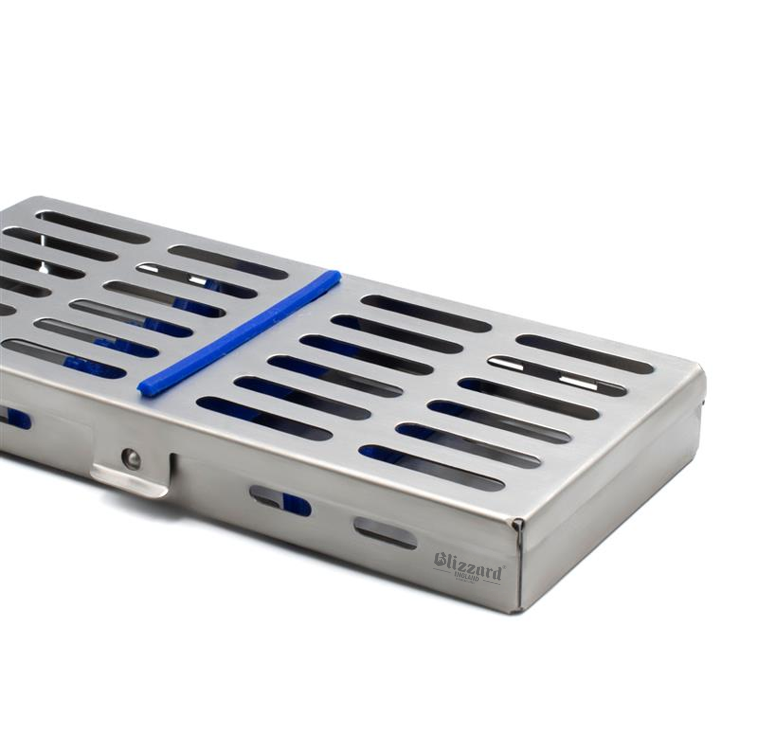 Stainless steel dental instrument cassette with slotted lid and blue silicone inserts, shown on a white background.