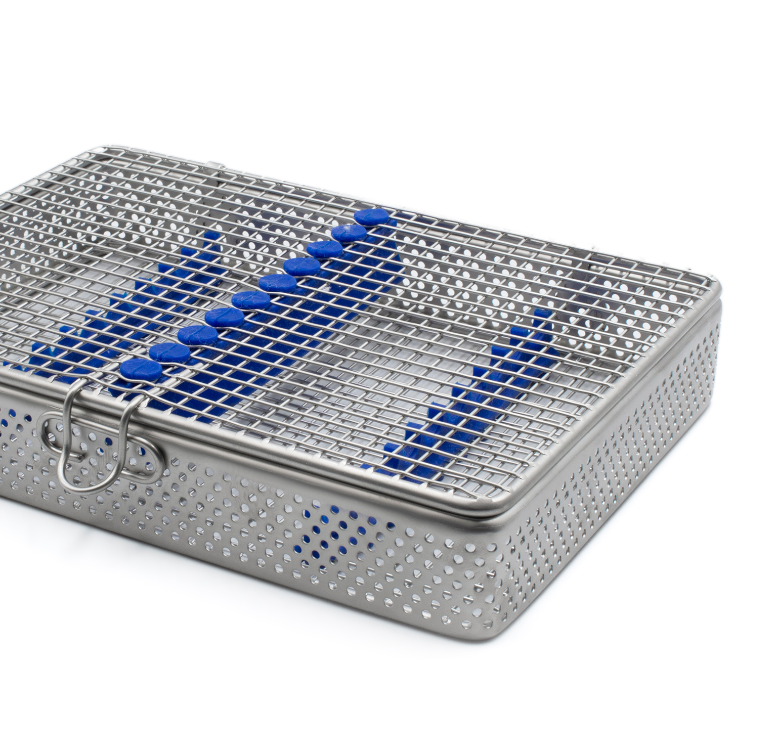 Stainless steel mesh dental instrument cassette with blue silicone holders, shown on a white background.